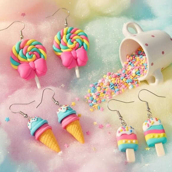 🆕️Cute Cartoon Earrings Set - Ice Cream, Lollipop & Popsicle 🎉 Fun Gift Idea! - Picture 7 of 15